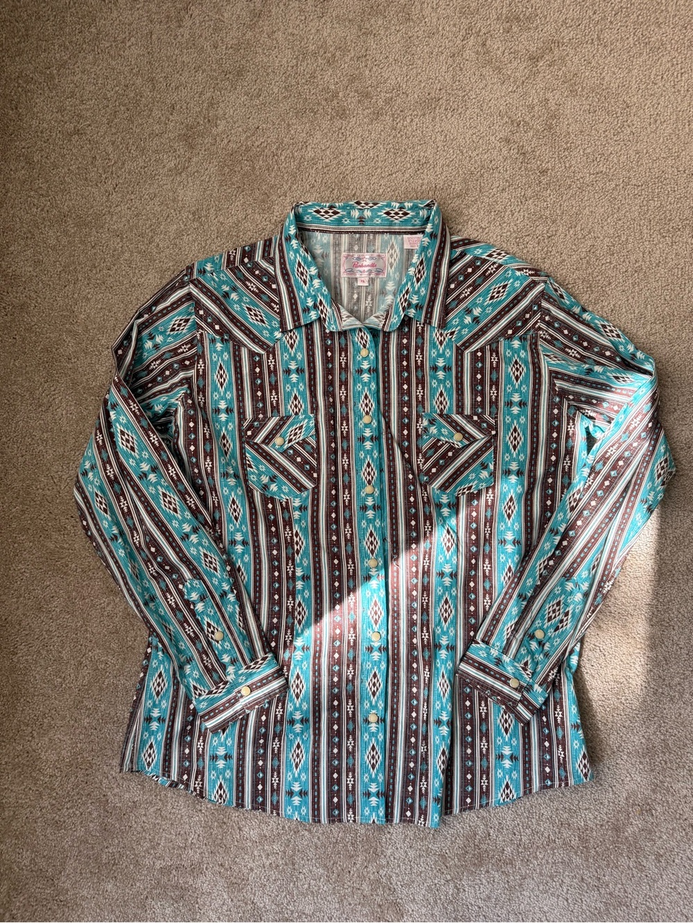 Turquoise & Brown Southwestern Button-Up Pearl Snap Shirt